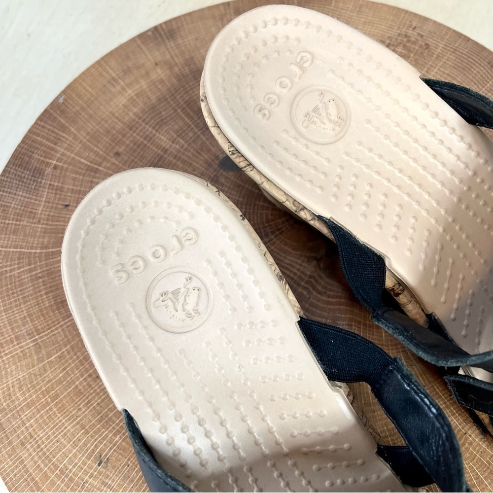 Crocs A-Leigh Strappy Cork Wedge Sandals Black Snake Leather Size 9 - Picture 7 of 14